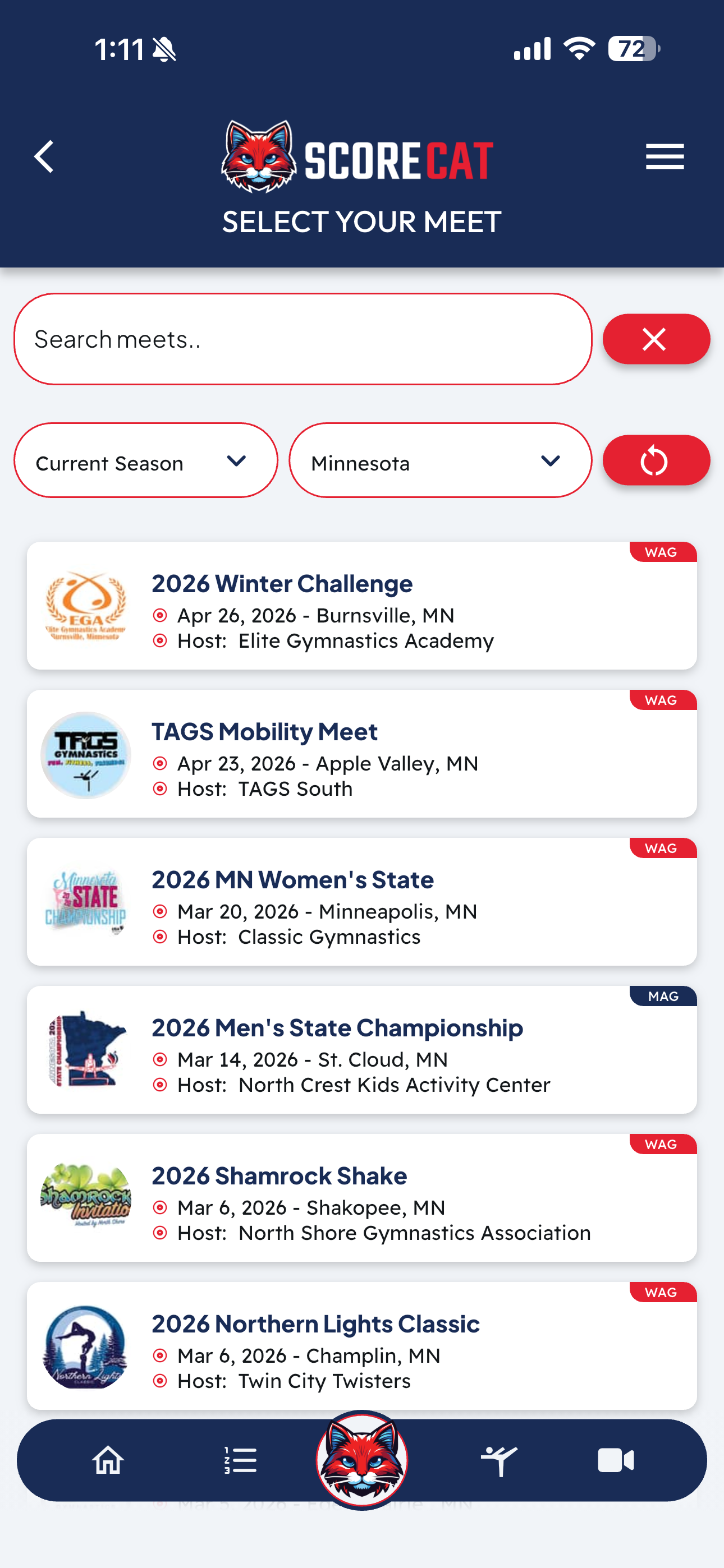 Browse and search live meets by season and state