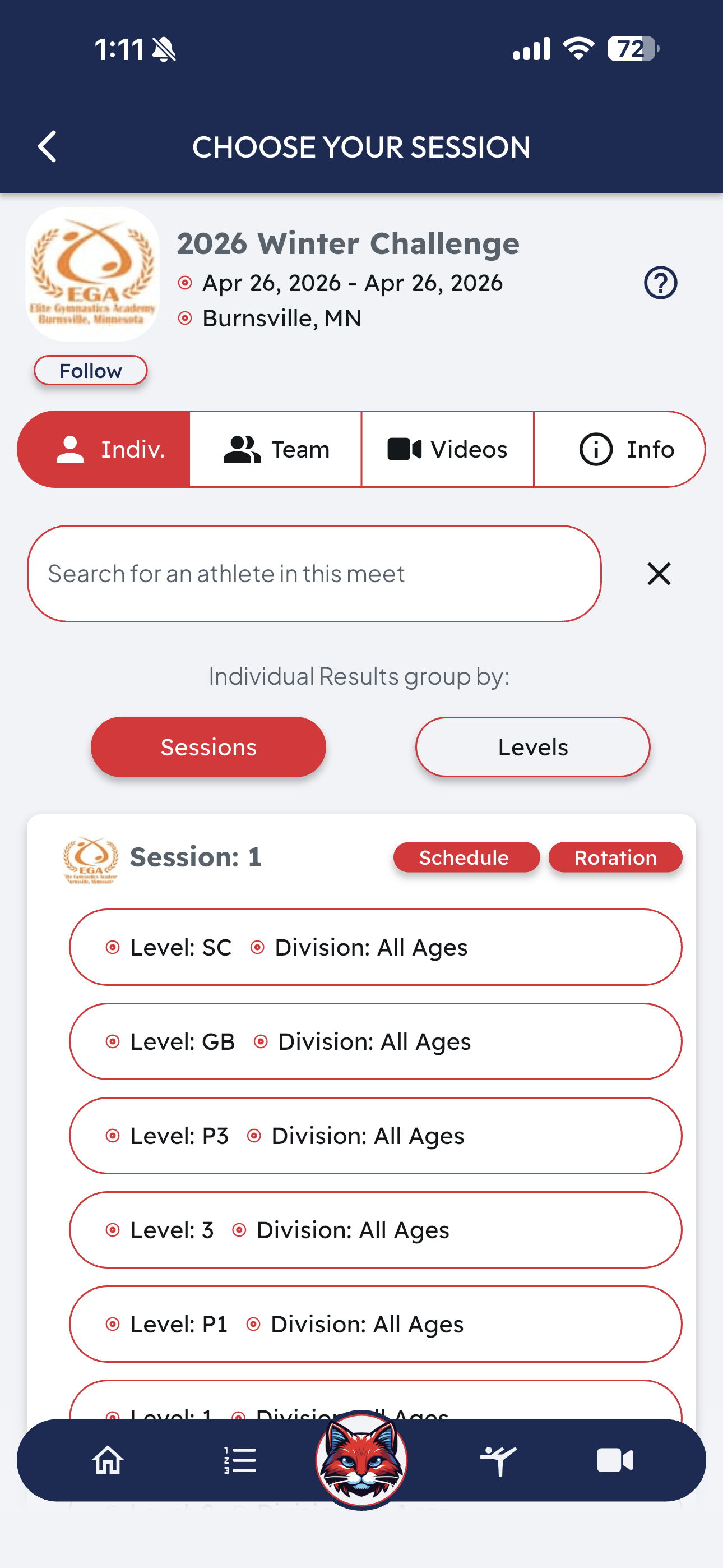 A meet broken down by individual sessions and levels