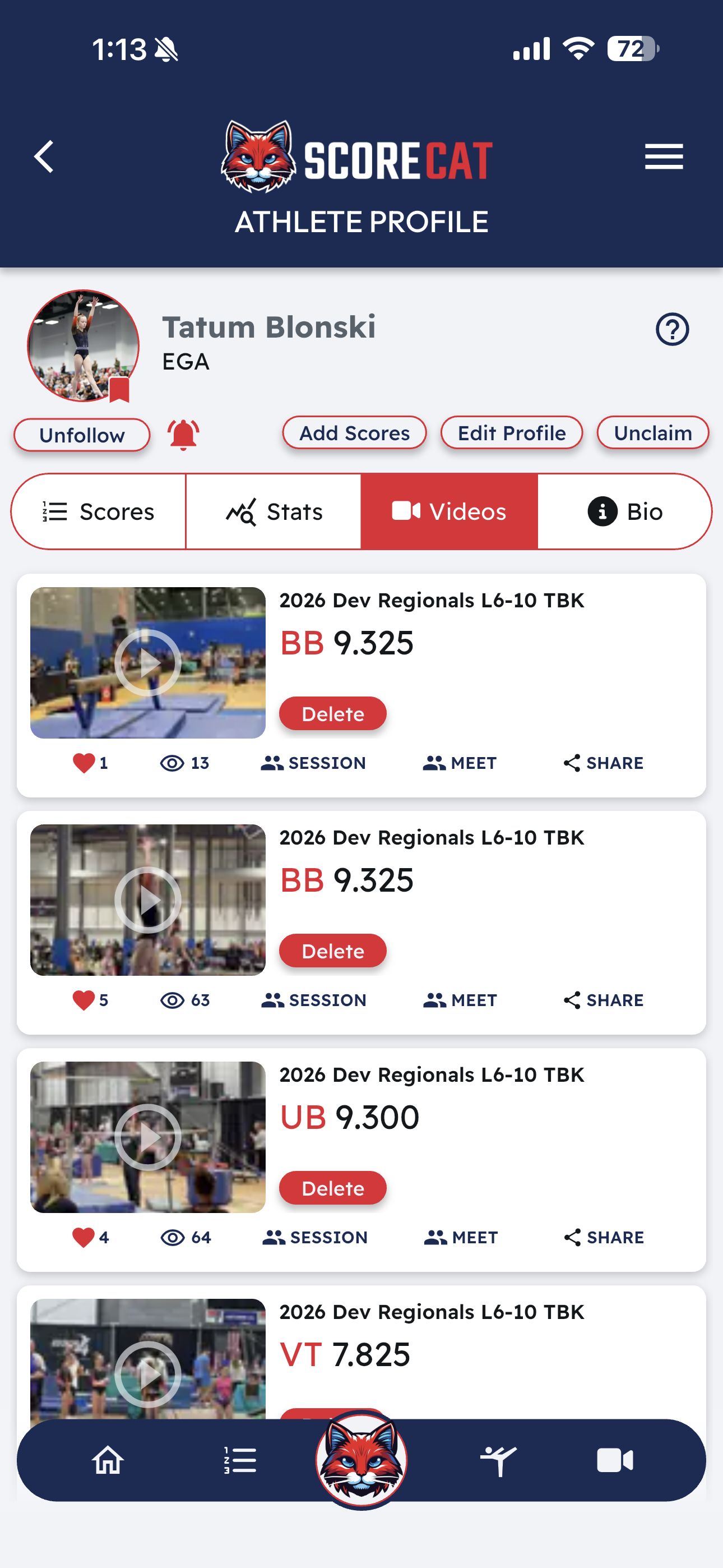 Athlete profile — Videos tab: every routine paired with the score it earned