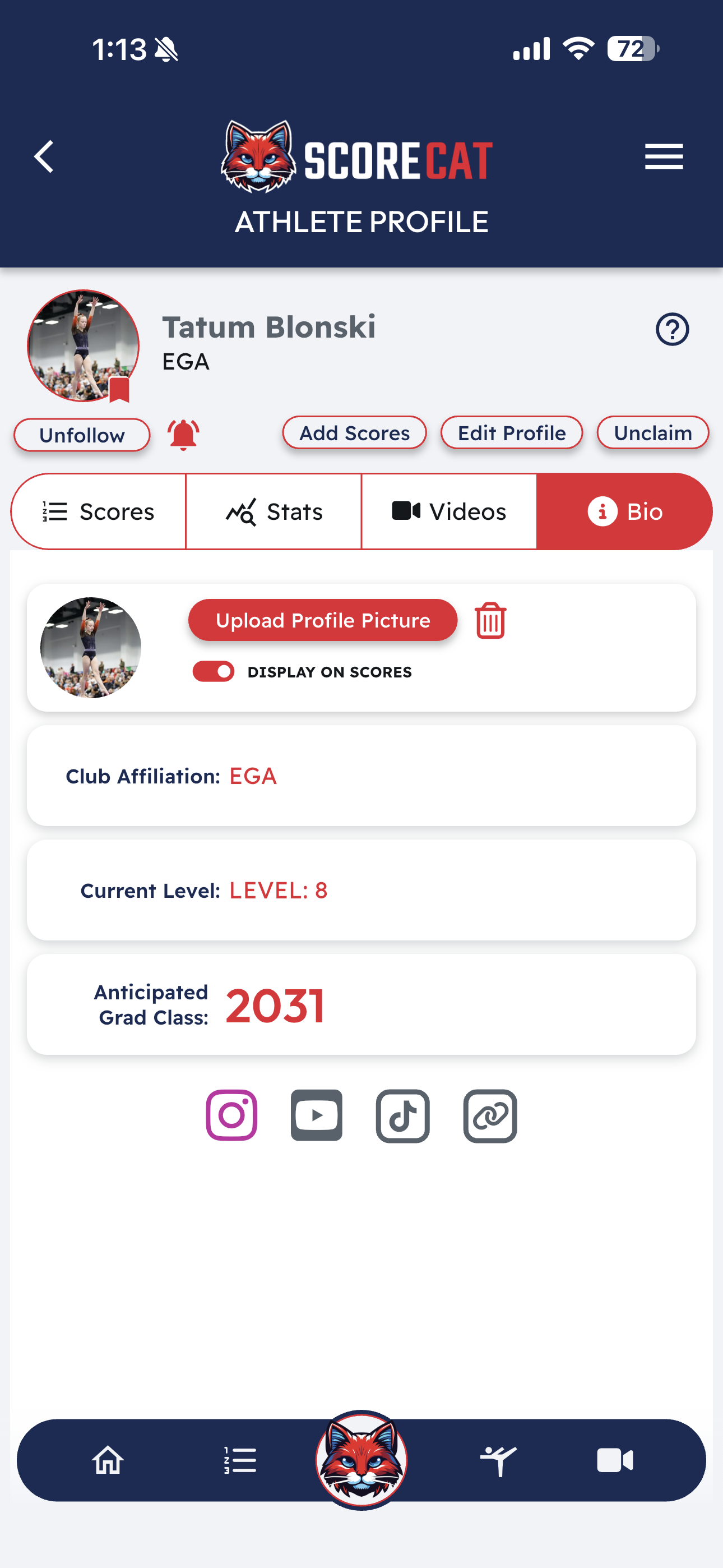 Athlete profile — Bio tab with club, level, grad class and socials