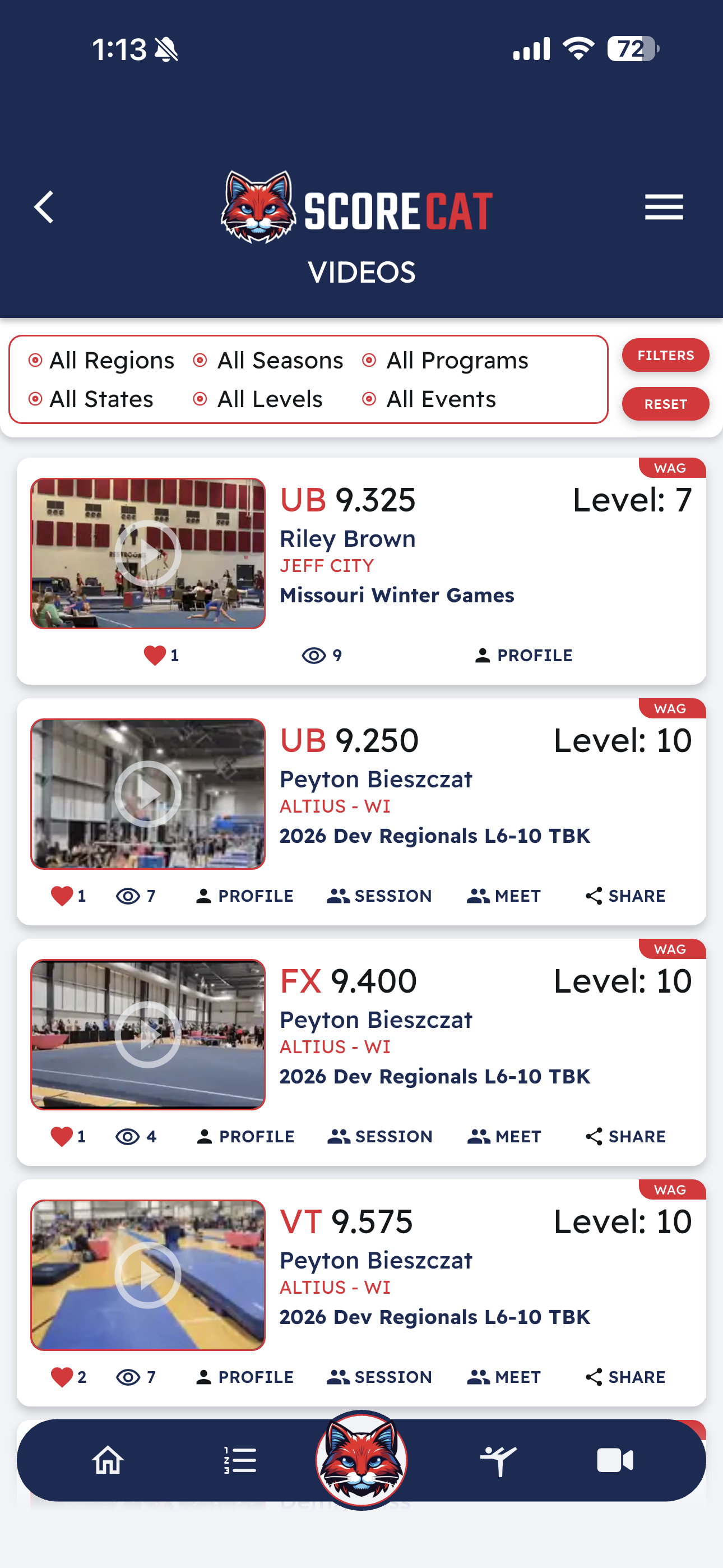Platform-wide Videos feed filtered by region, season, level and event