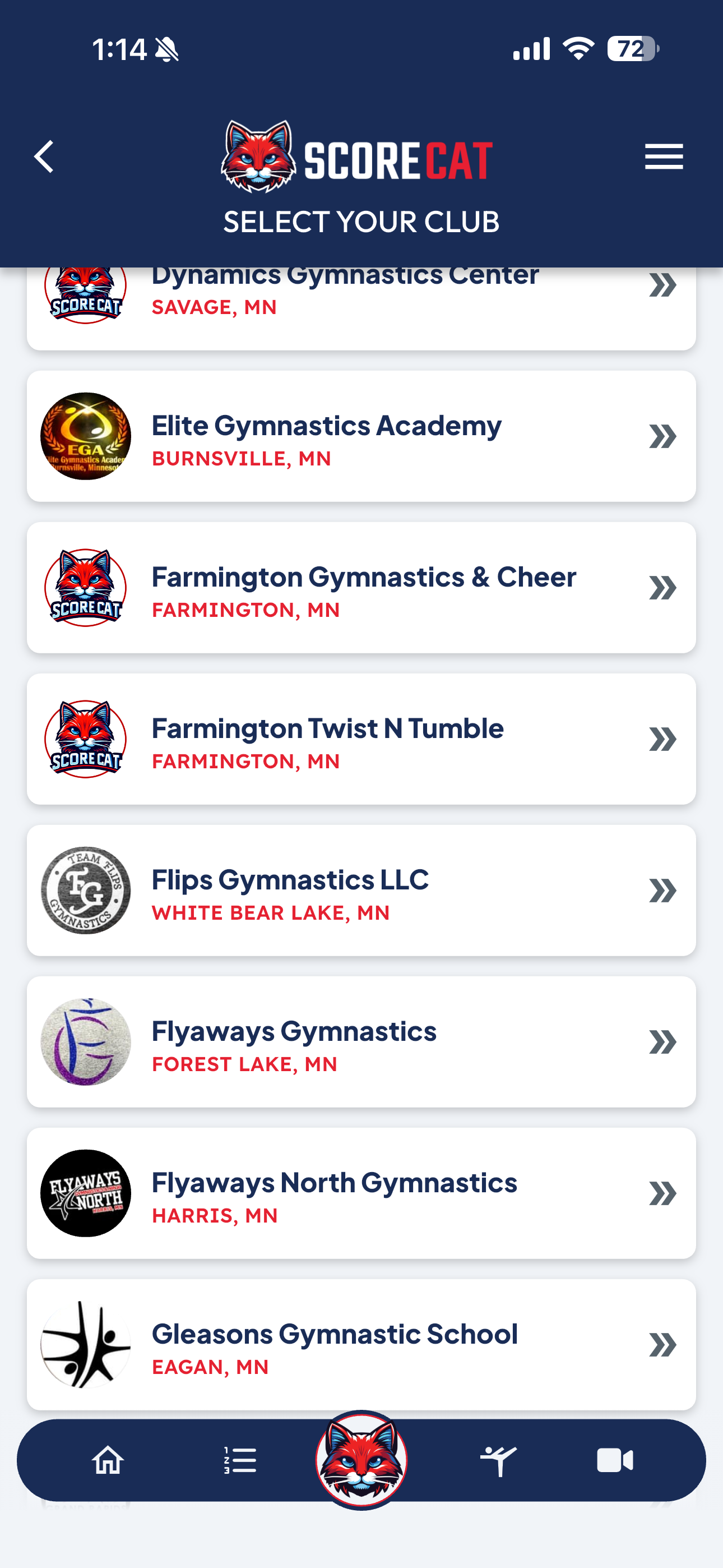Browse all gymnastics clubs in a state