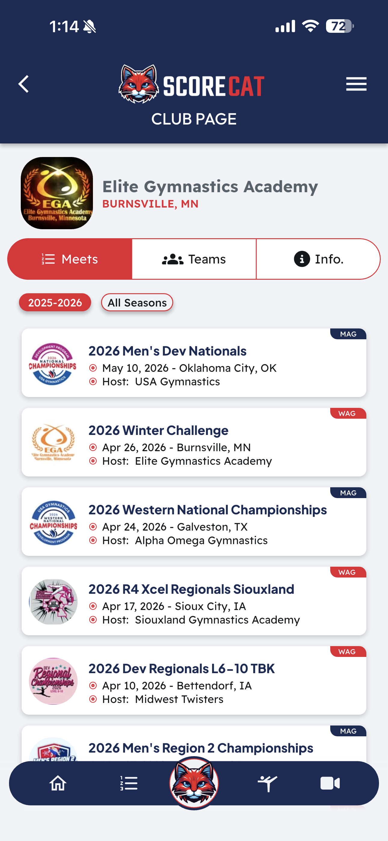 Club page — Meets the club has competed in this season