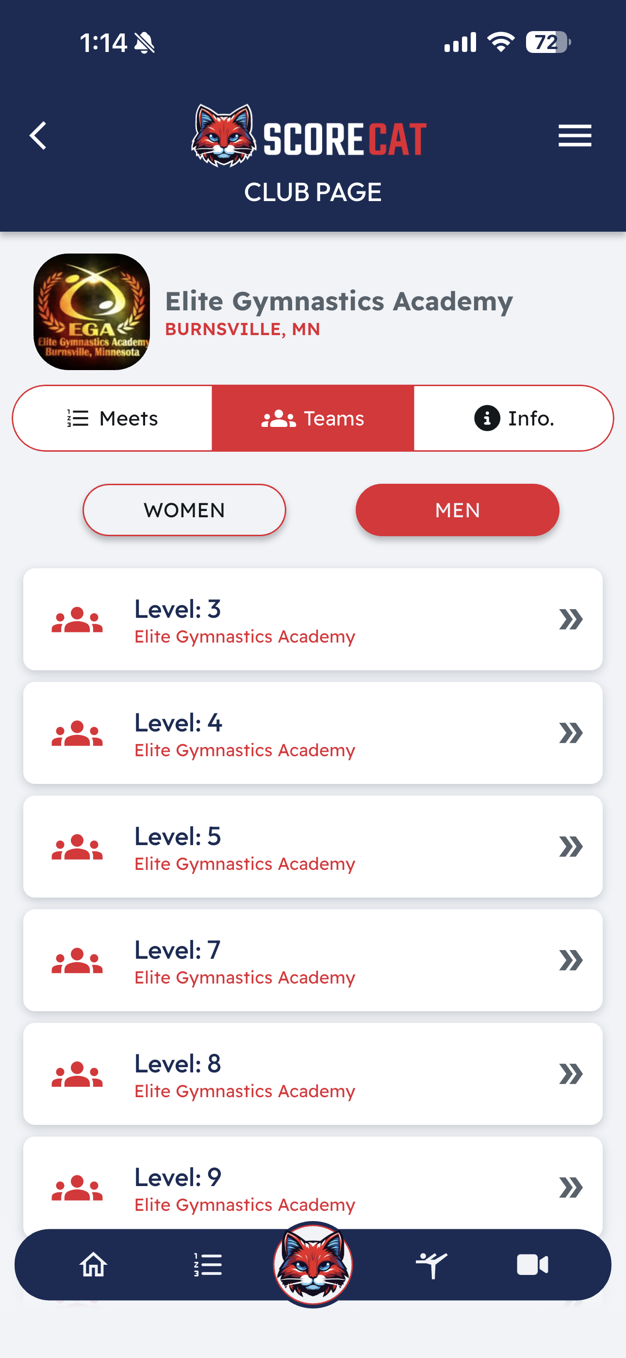 Club page — Teams tab showing the club's men's levels