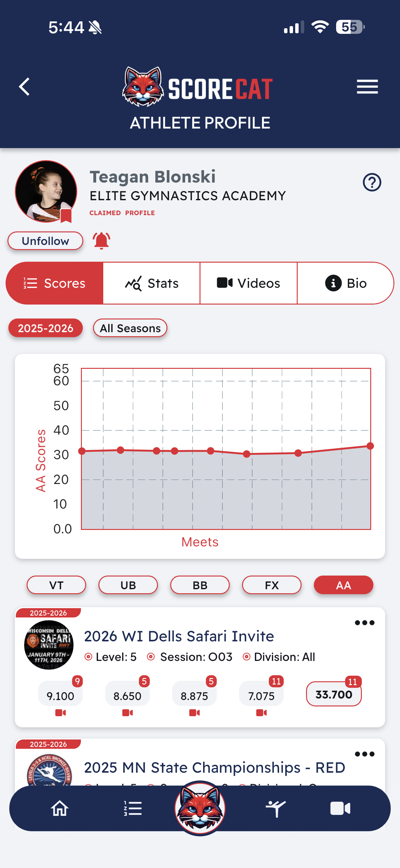 ScoreCat athlete profile showing scores with video attachments