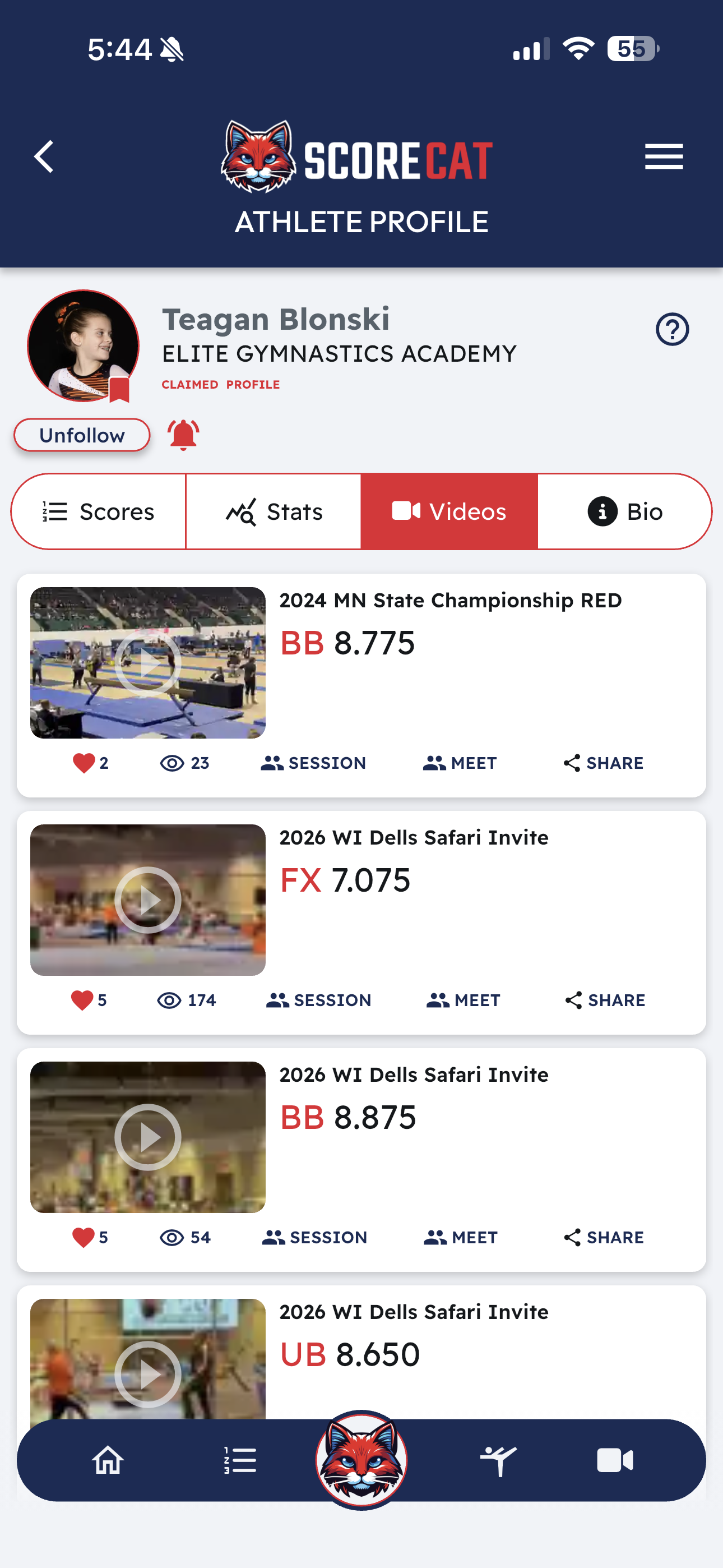 ScoreCat athlete videos tab showing a full library of past routines