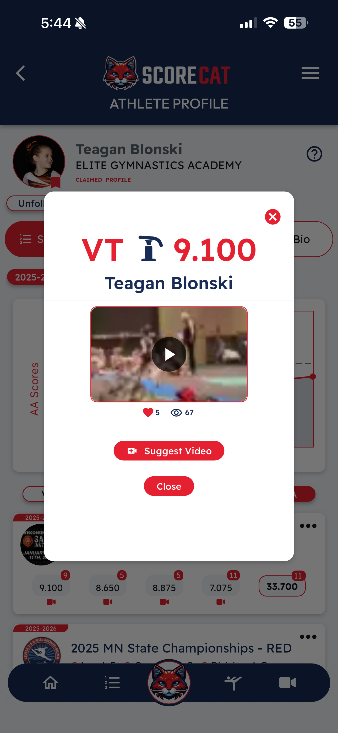 ScoreCat video player showing a vault routine
