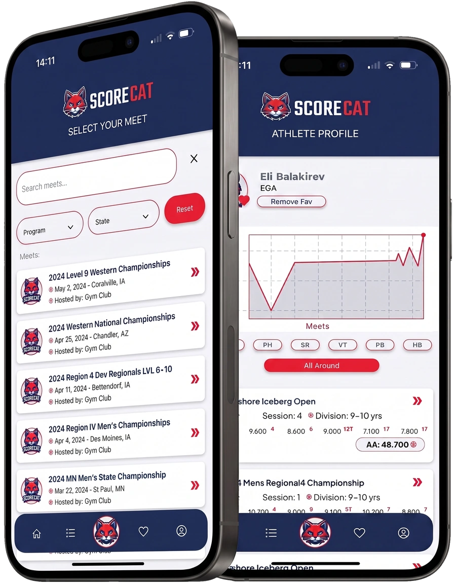 ScoreCat app on two iPhones — meet list and athlete profile screens