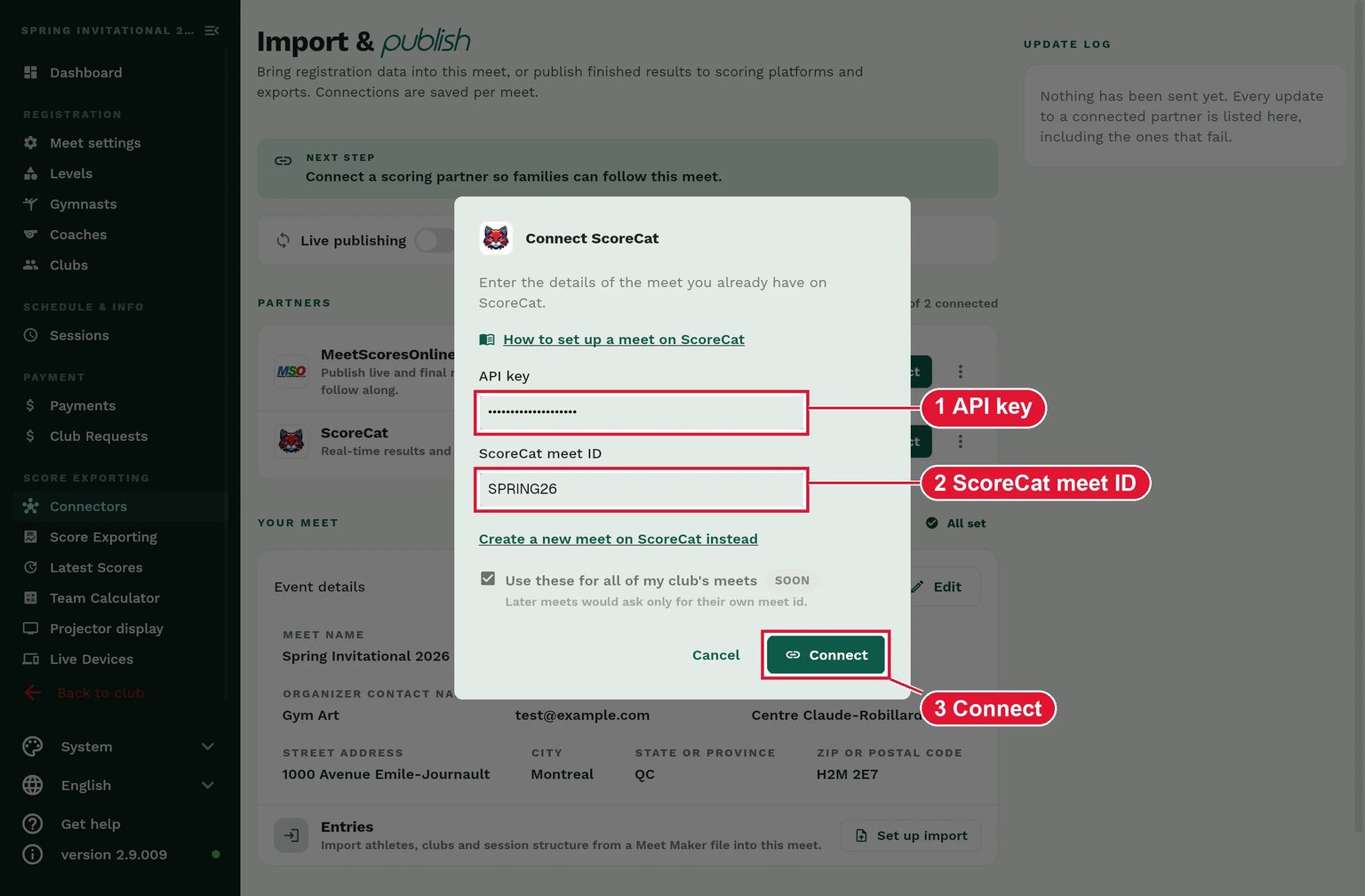 Connect ScoreCat dialog for an existing meet with the API key, ScoreCat meet ID and Connect button highlighted