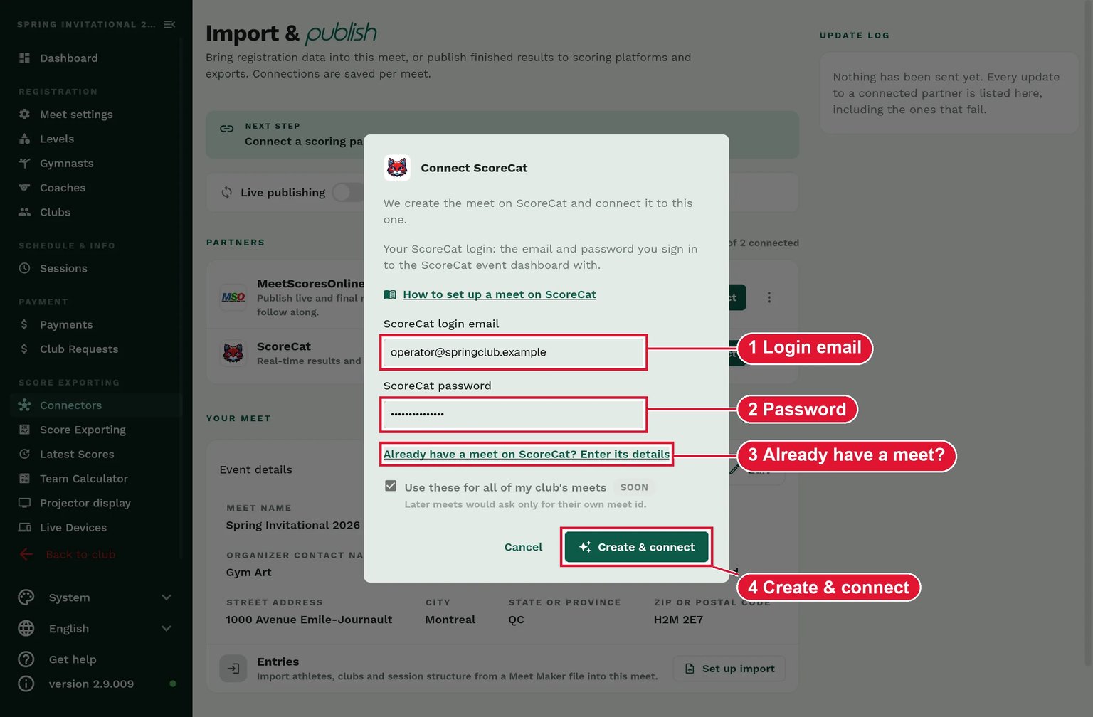 Connect ScoreCat dialog with the login email, password and Create and connect button highlighted