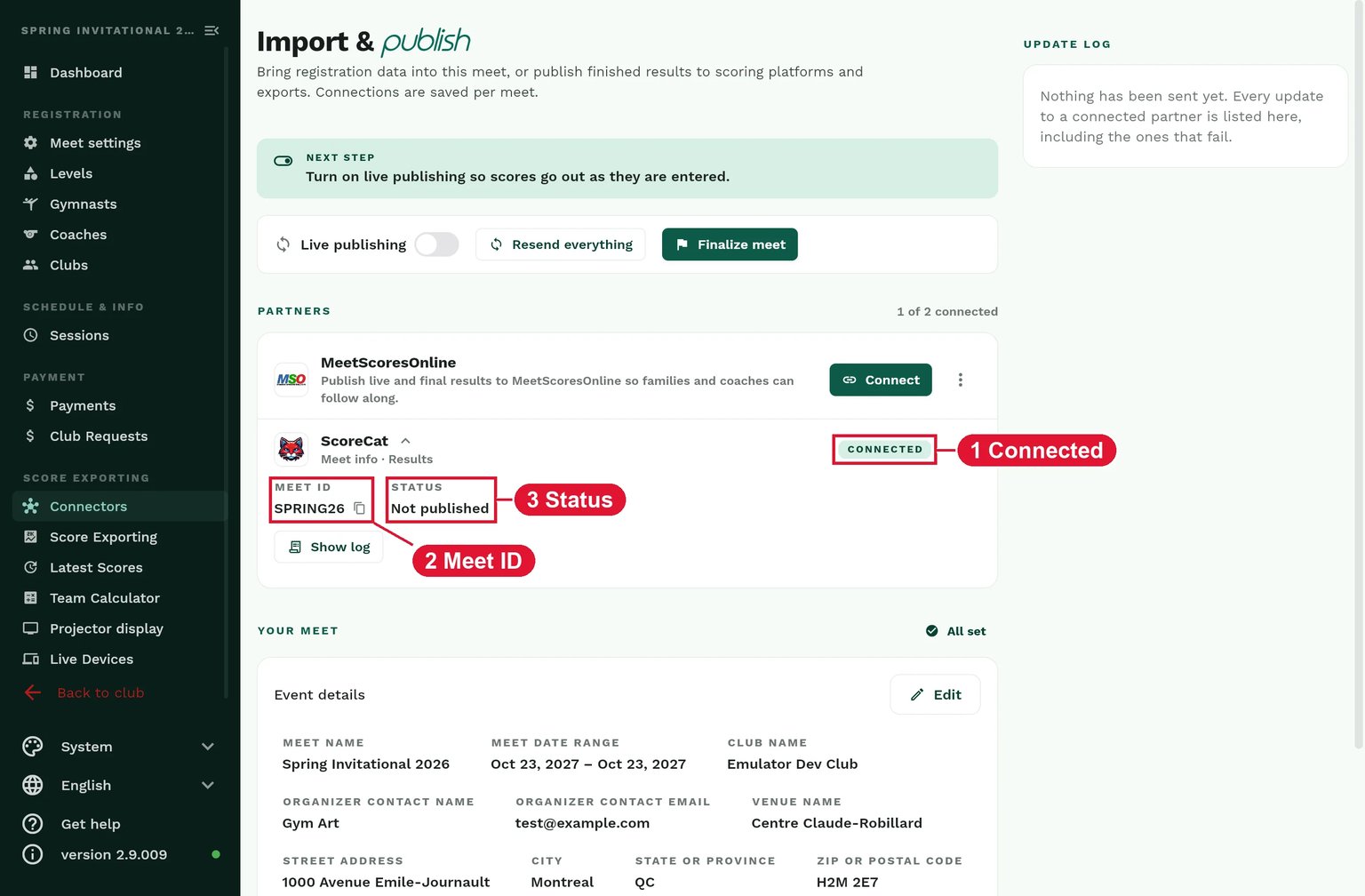 ScoreCat partner row showing Connected, the Meet ID and the upload status