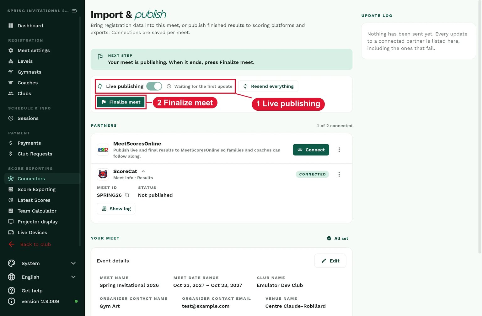 Live publishing switched on, with the Finalize meet button highlighted