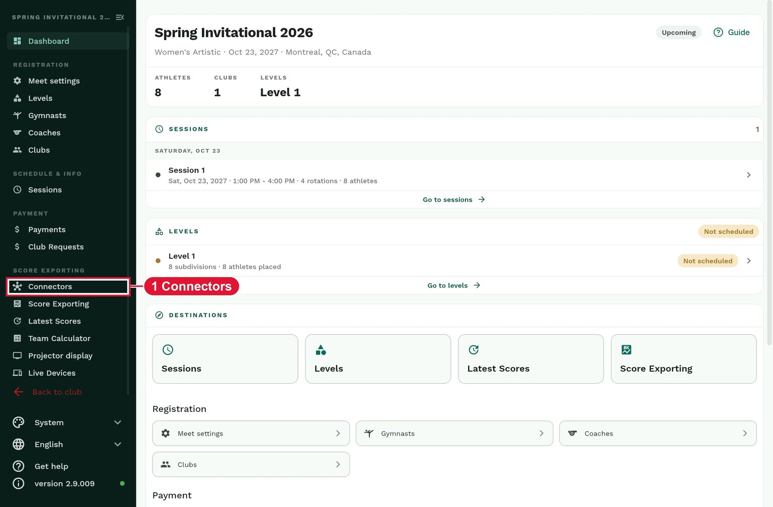Gym Art Meets meet dashboard with Connectors highlighted in the Score Exporting sidebar